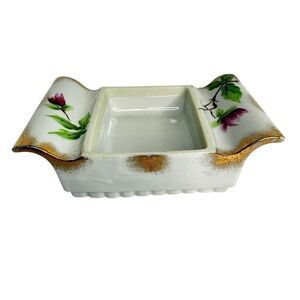 Vintage Japanese Lusterware Porcelain Vanity Dish Hand Painted Floral Gold Gilt